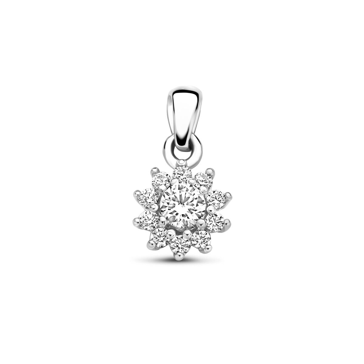 Ciondolo in argento 925 rodiato con zirconi, forma floreale e dettagli scintillanti.