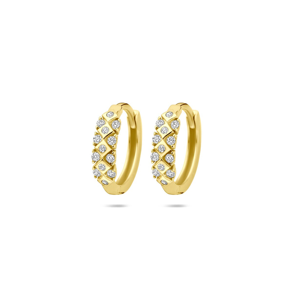 Orecchini alla creola in oro giallo 14k con zircone, dimensioni 14 x 3,5 mm.