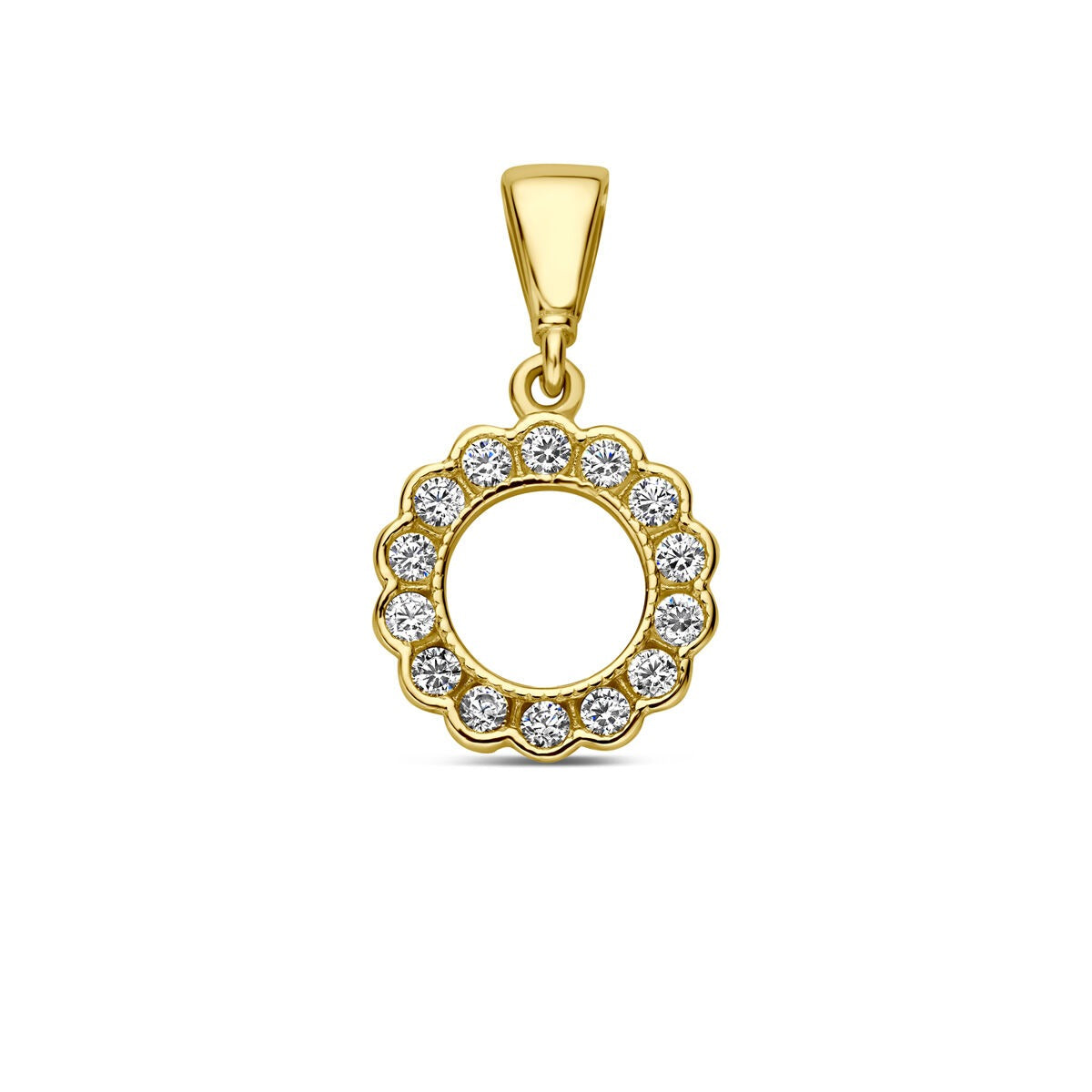 Pendente rotondo in oro giallo 9k con zirconi, decorato con un bordo ondulato.