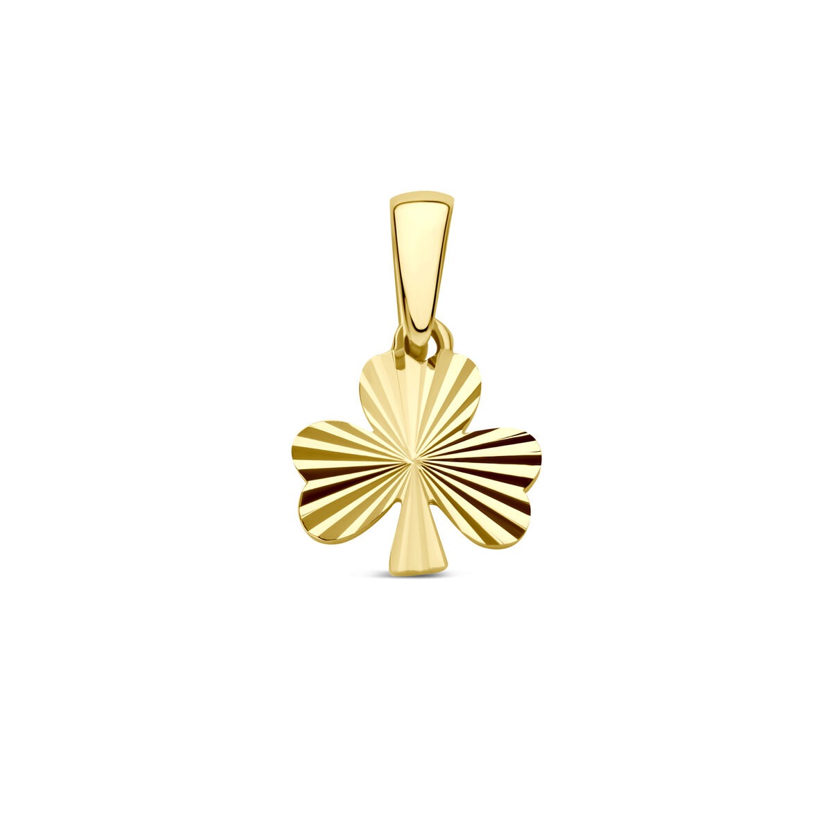 Ciondolo a forma di quadrifoglio in oro giallo 14k, con finitura rigata.