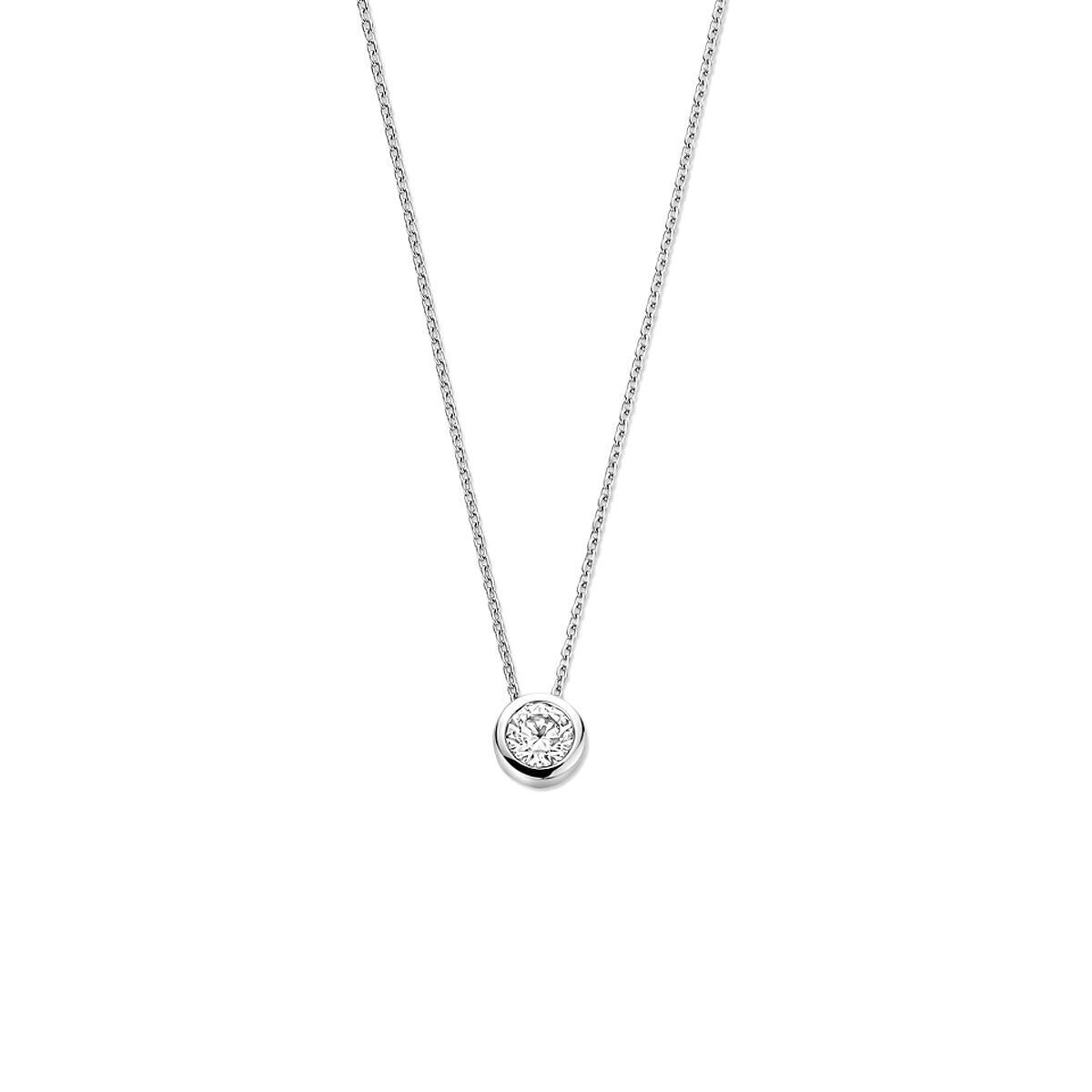 Collana argento con pendente in zirconia, stile solitario, finitura rodiata.