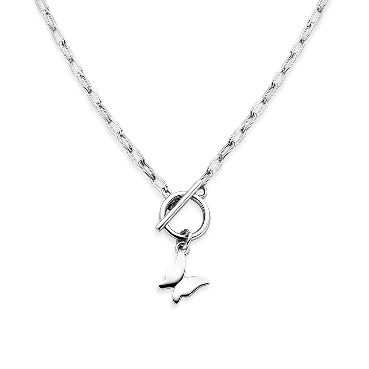 Collana in argento 925 rodiato con farfalla e chiusura a cerchio.