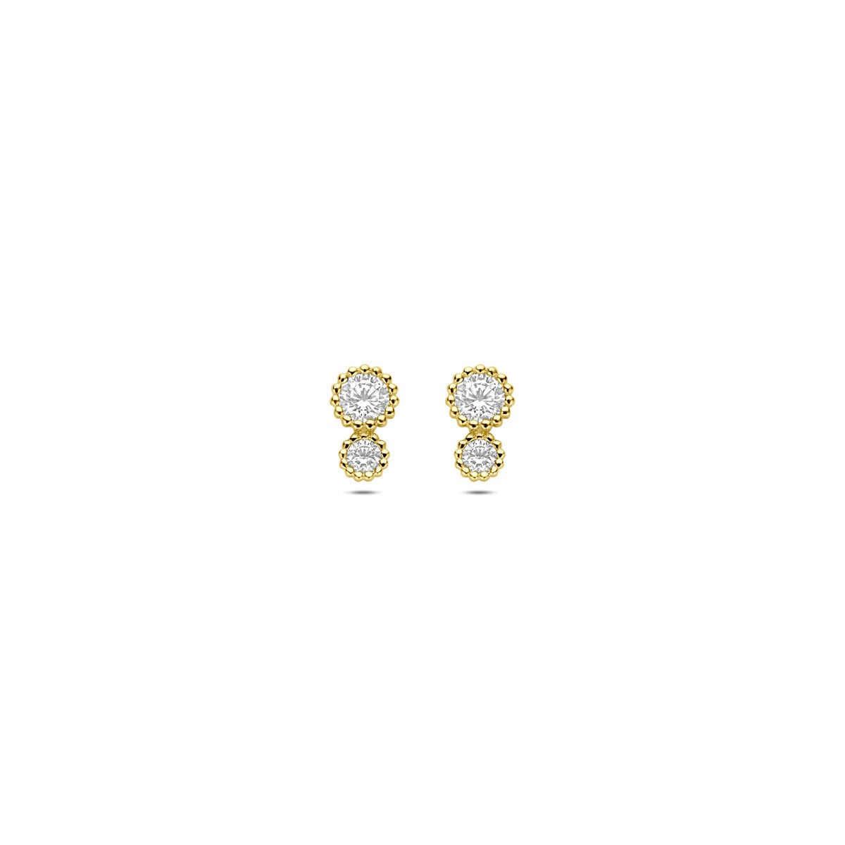Orecchini da donna in oro giallo 14k con zircone incastonati, design a doppio cerchio.