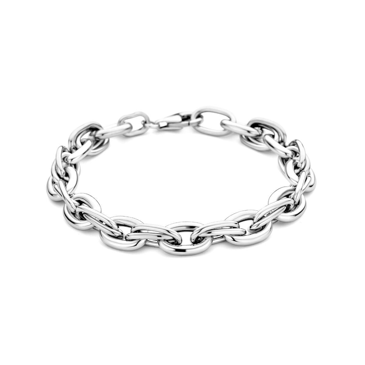 Zilveren armband van gerhodineerd 925 zilver met grove schakels en een sluiting.
