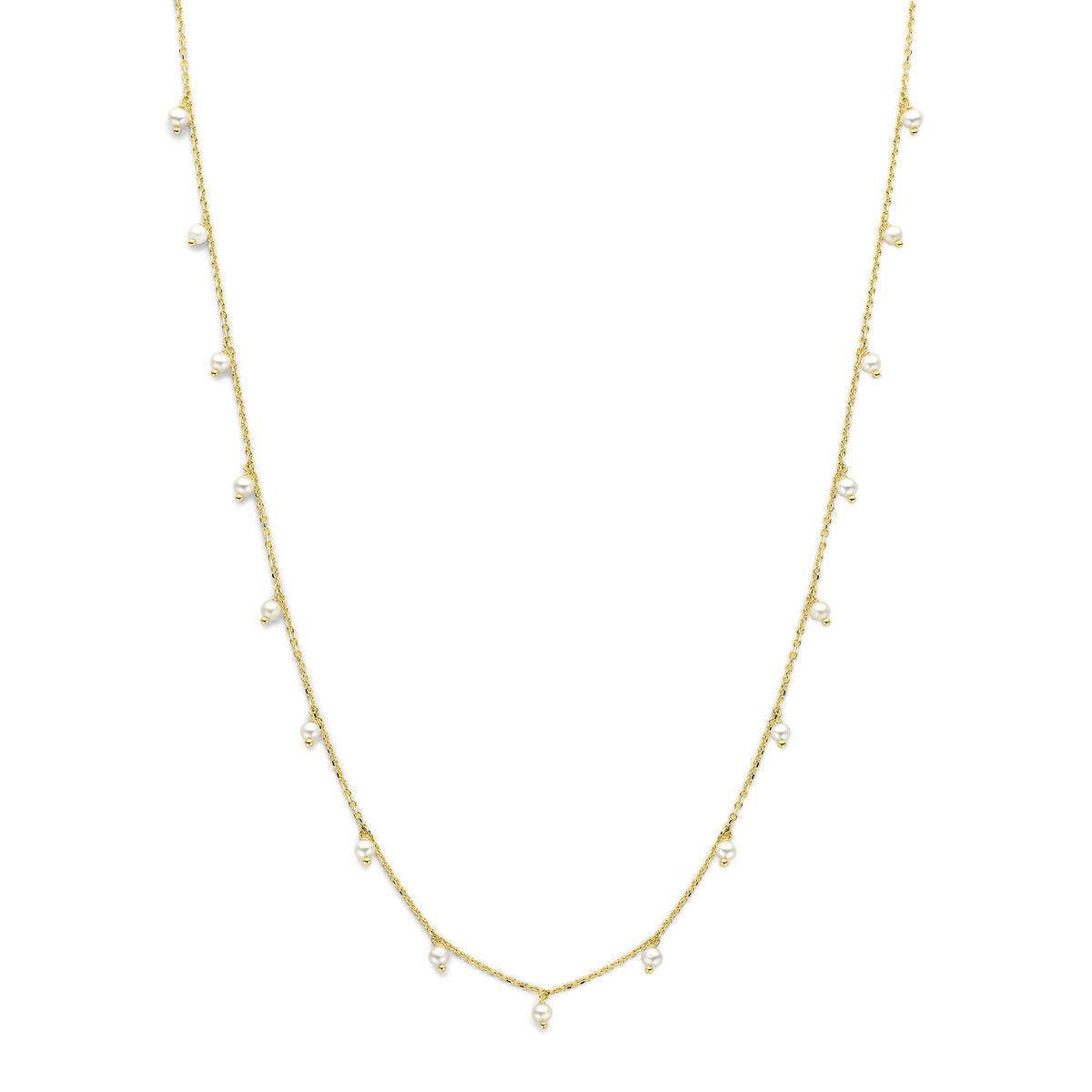 Geelgouden collier met een rij van kleine parels, subtiele schakels en een delicate afwerking.