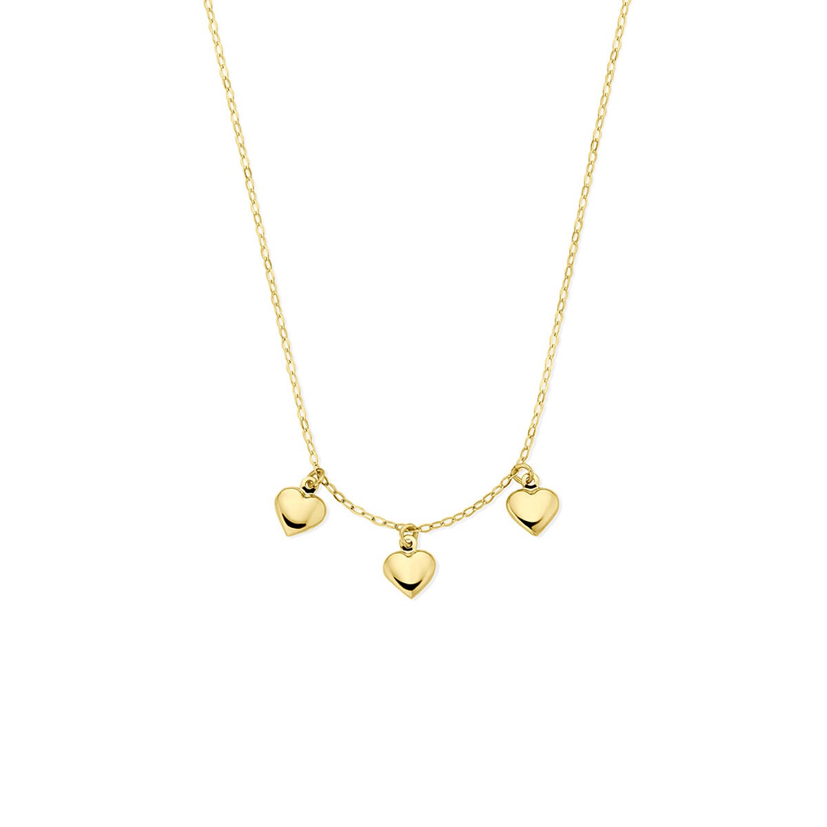 Collana in oro giallo con tre cuori pendenti, lunghezza 40-42 cm.