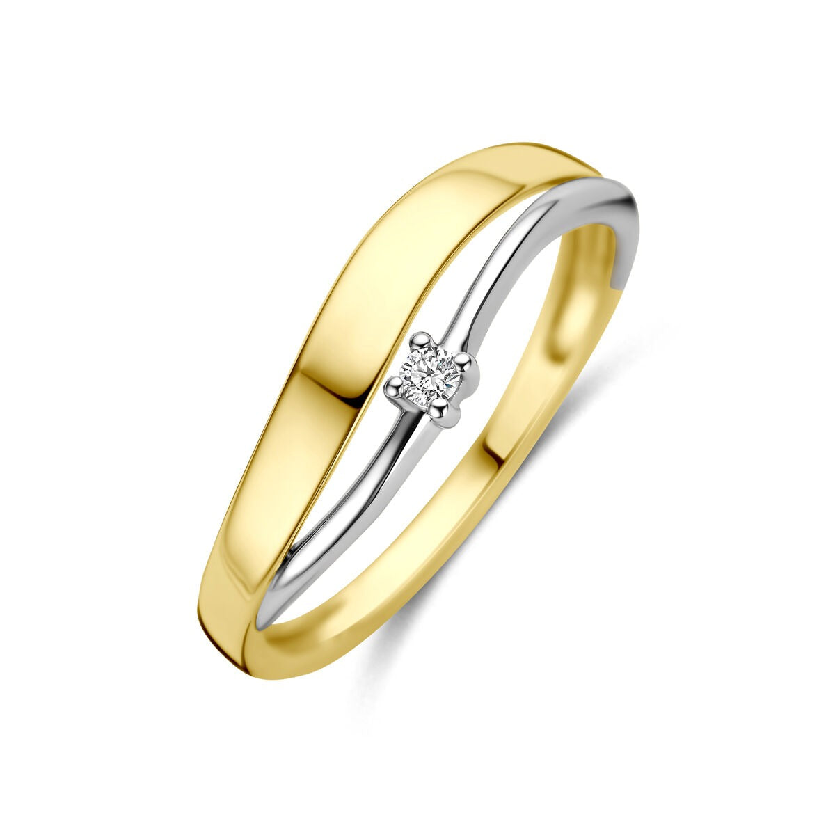 Anello bicolore in oro giallo e bianco con diamante centrale.