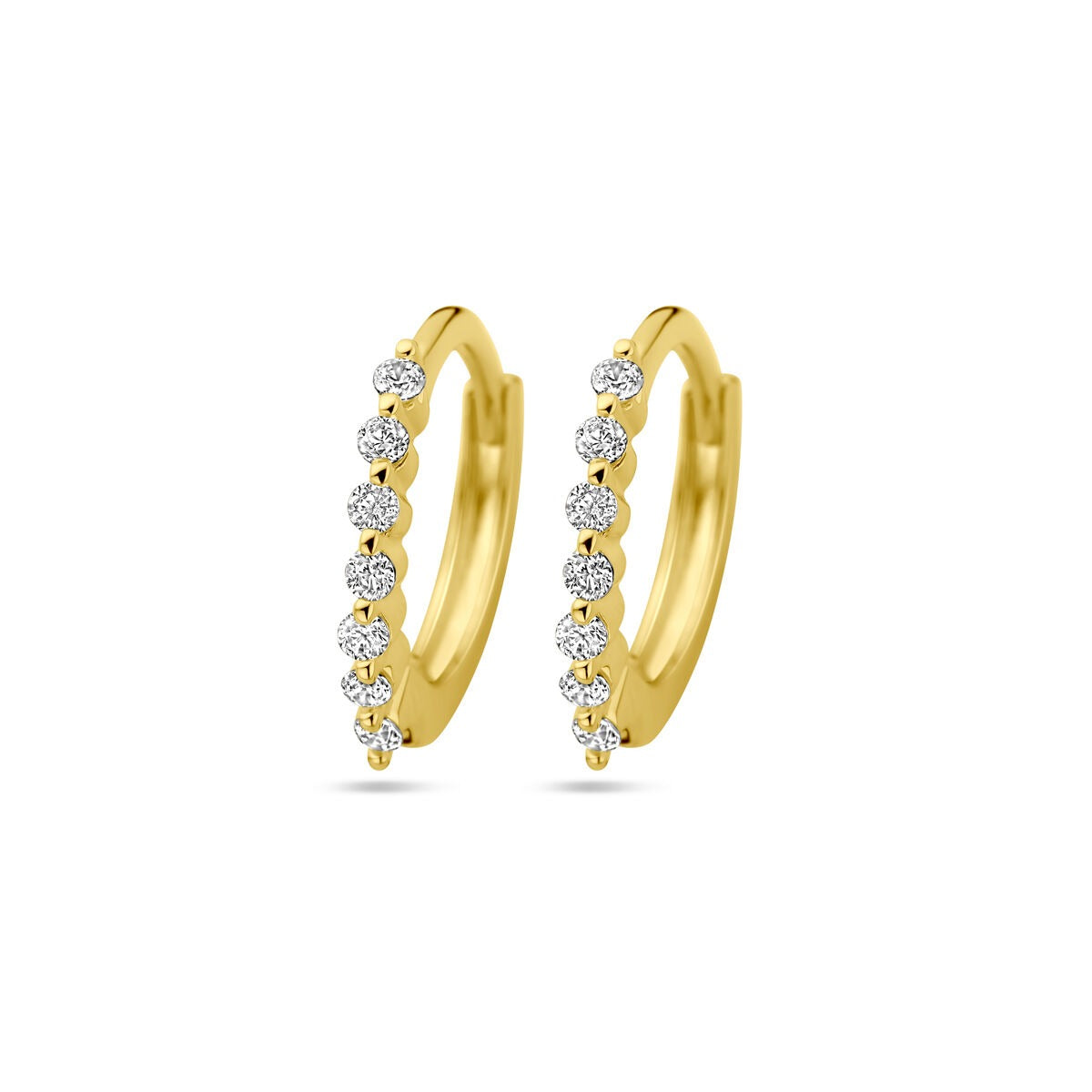 Orecchini alla creola in argento 925 placcato oro giallo con zirconi, diametro 13 mm.