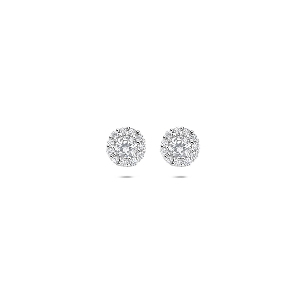 Orecchini in argento rodiato 925 con zirconi, forma rotonda e design a bouquet.