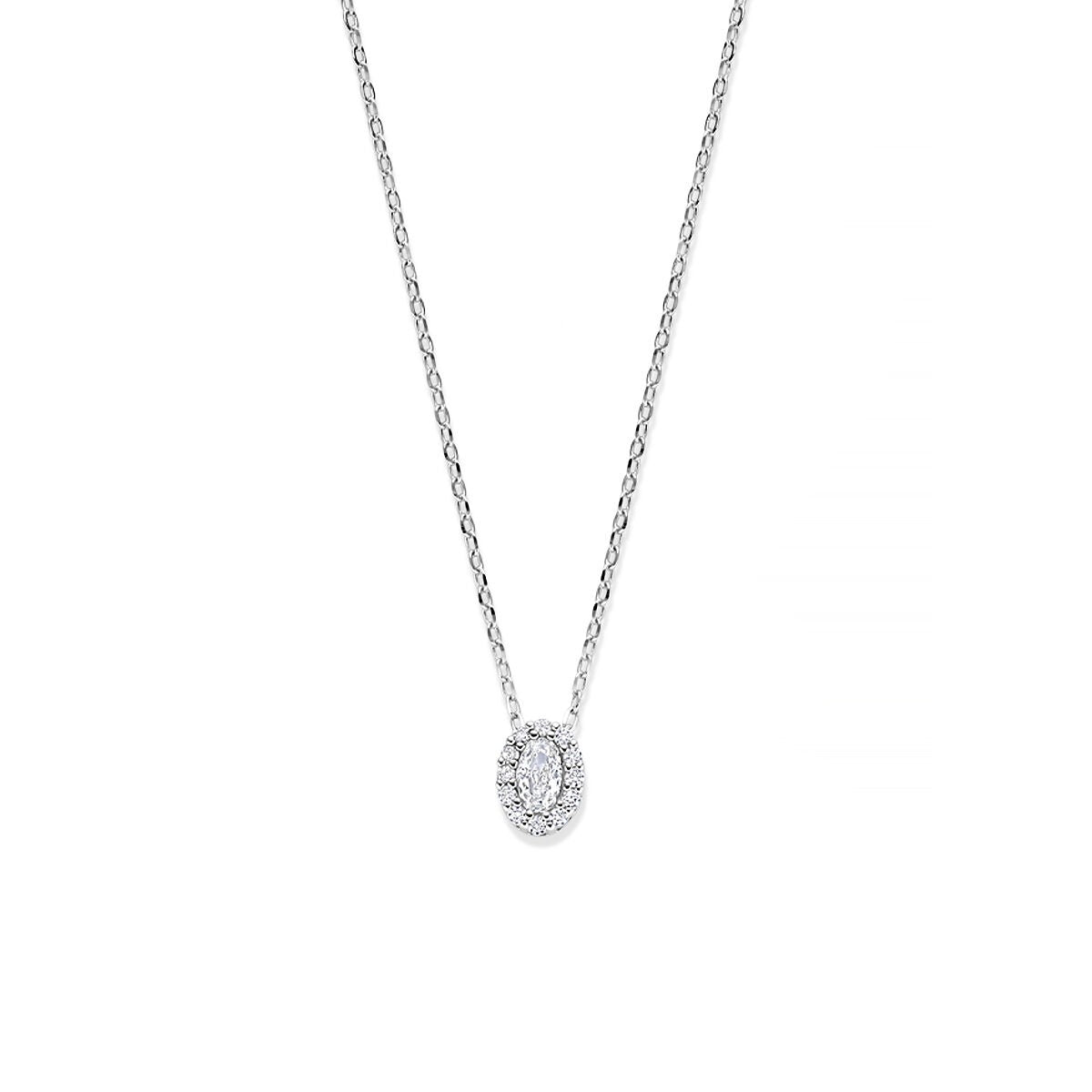 Gerhodineerd zilveren collier met een ovale zirkonia hanger in het midden.