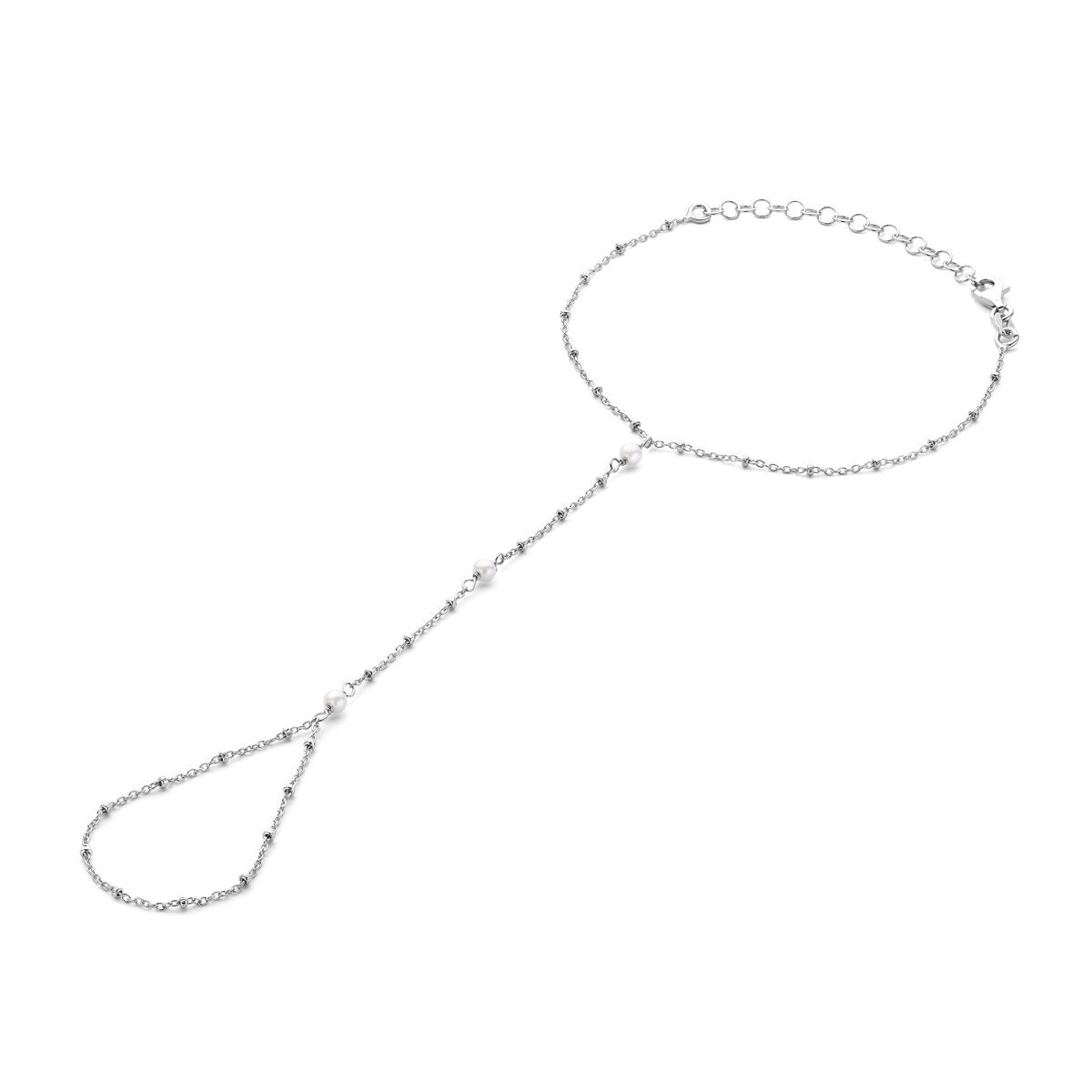 Bracciale in argento rodiato 925 con perle, design delicato e forma allungata.