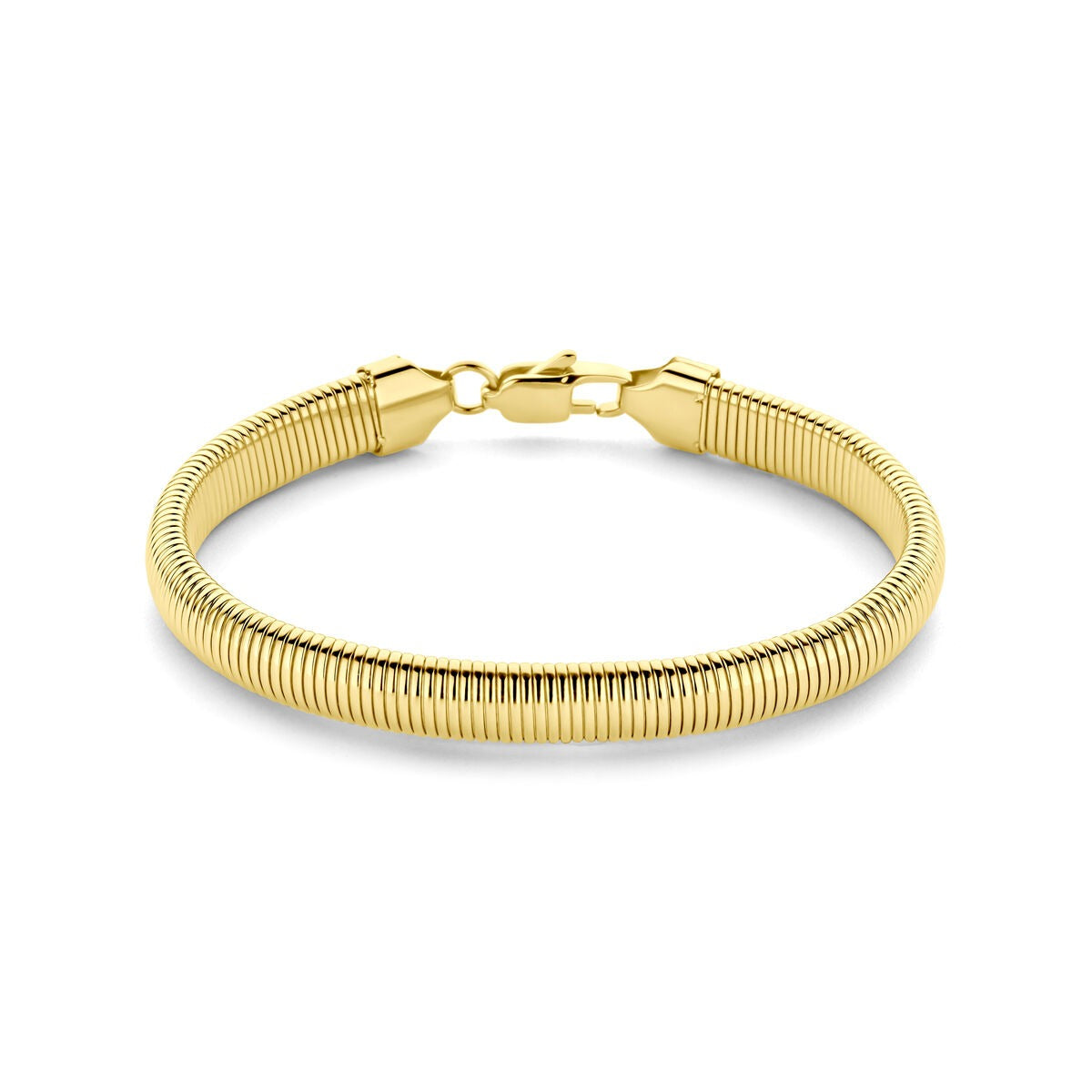 Goudkleurige stalen armband met een 8mm schakel en een karabijnsluiting, met een glanzende, geribbelde afwerking.