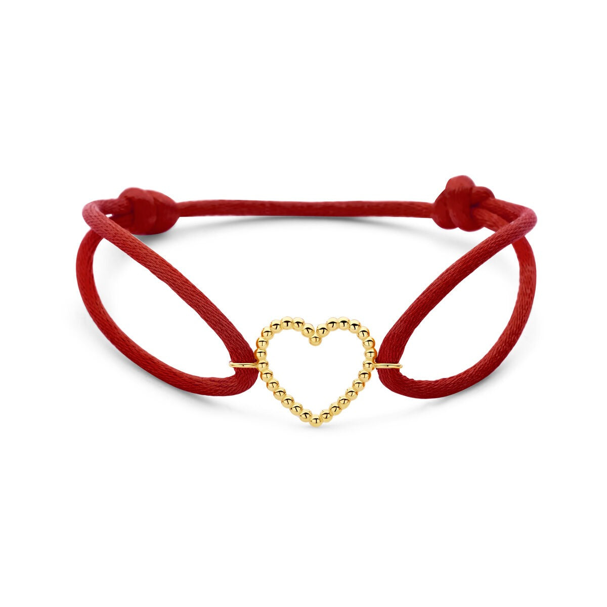 Bracciale in raso rosso con cuore in oro 14k.