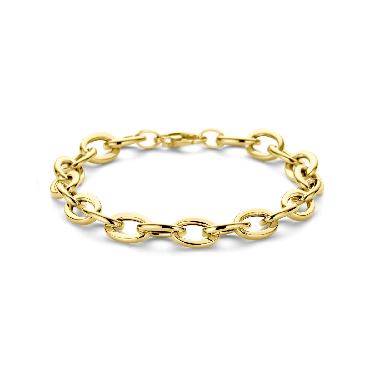 Bracciale in oro giallo 14k con maglie a catena di 8,5 mm, lunghezza 19 cm.