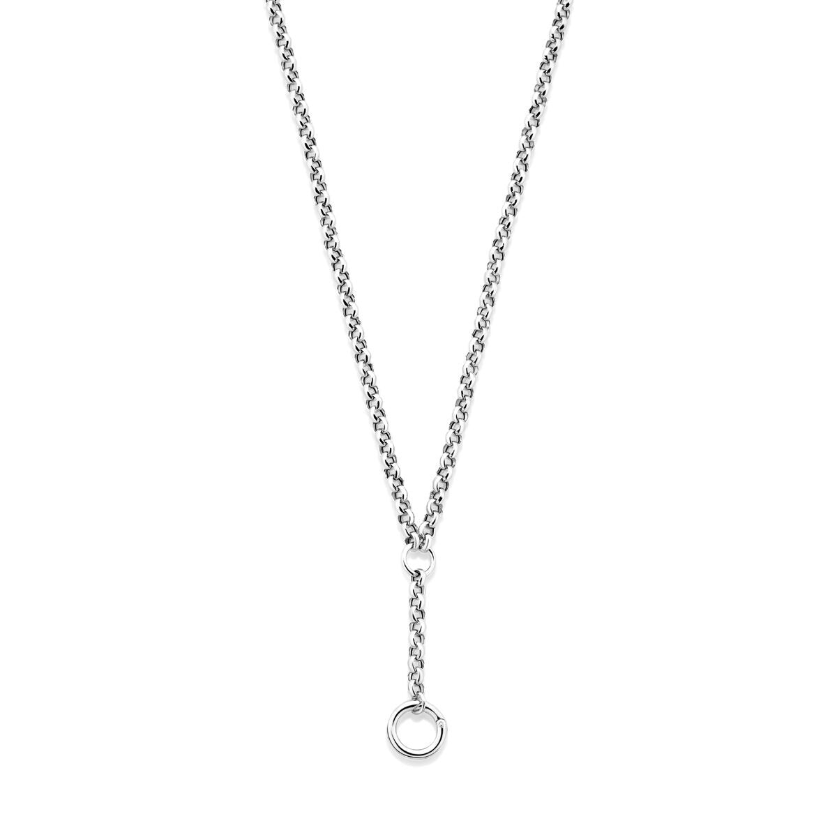 Gerhodineerd 925 zilveren Y-collier met gedraaide ketting en ronde connector, lengte 46 cm.