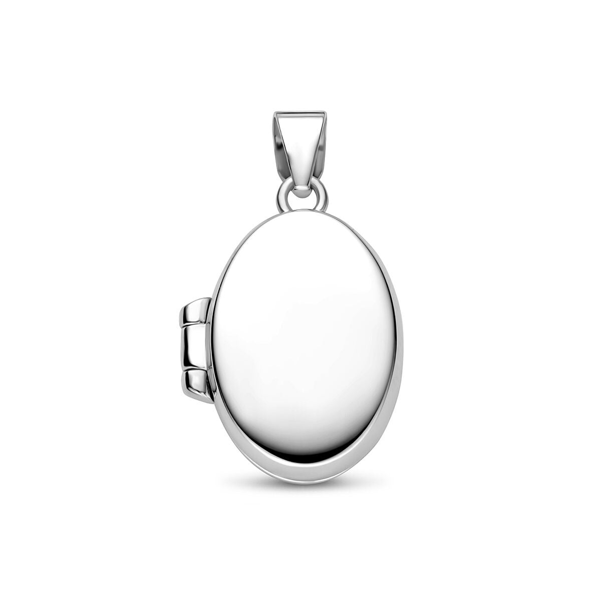 Ciondolo ovale in argento rodiato con chiusura laterale.