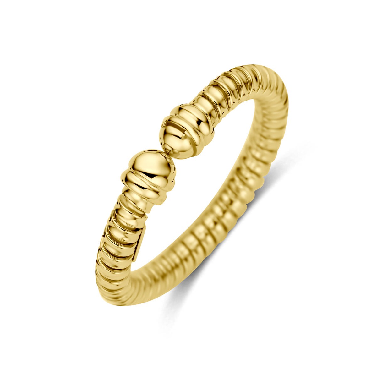 Anello in oro giallo 14k, di 3 mm, con design ondulato e dettagli bombati.
