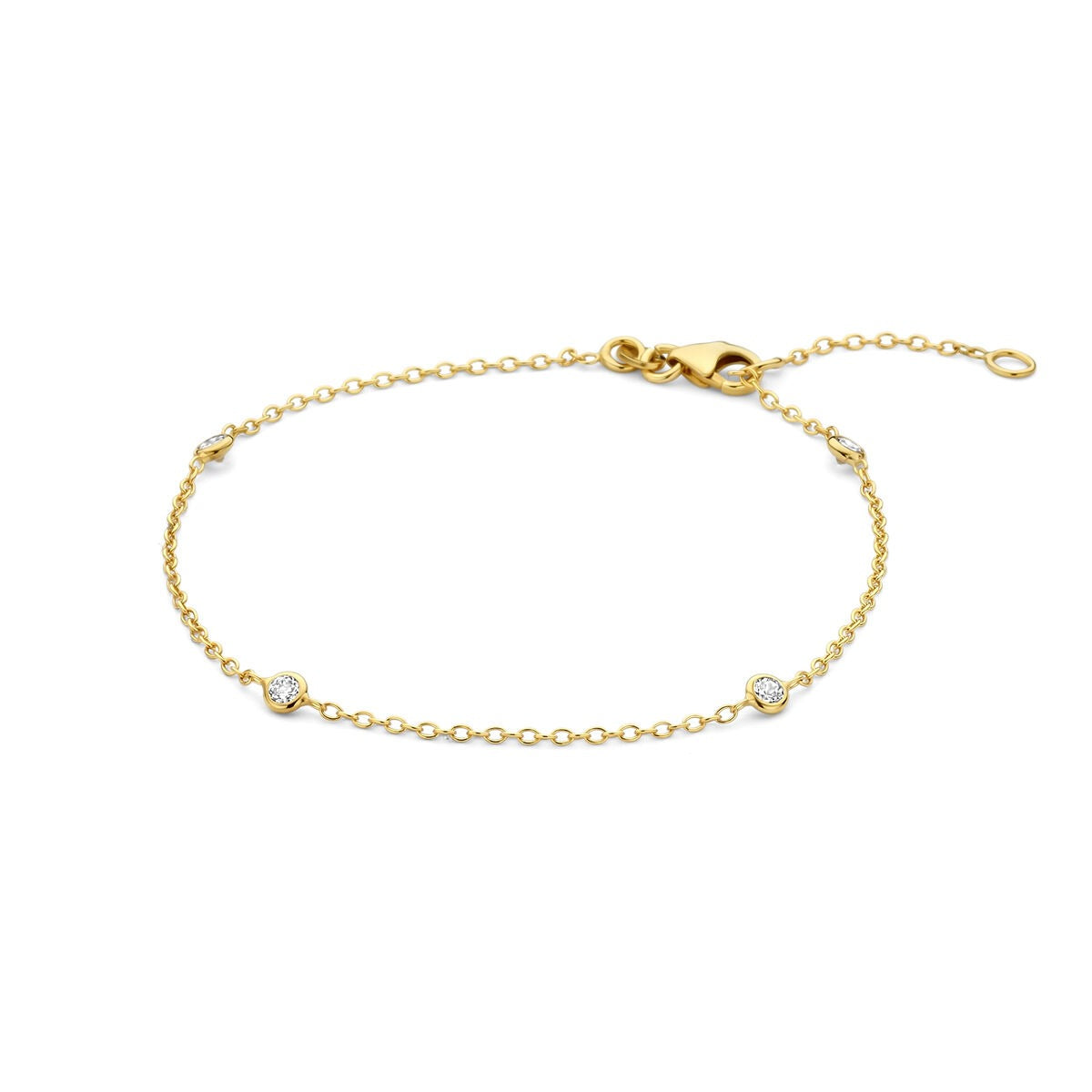 Bracciale da donna in oro giallo 14k con zirconi e maglie ad ancoraggio.