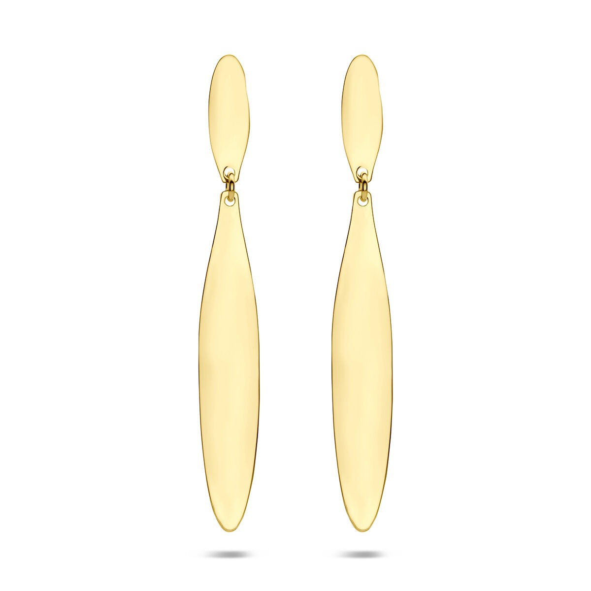 Orecchini in argento 925 placcato oro con forma allungata e superficie lucida.
