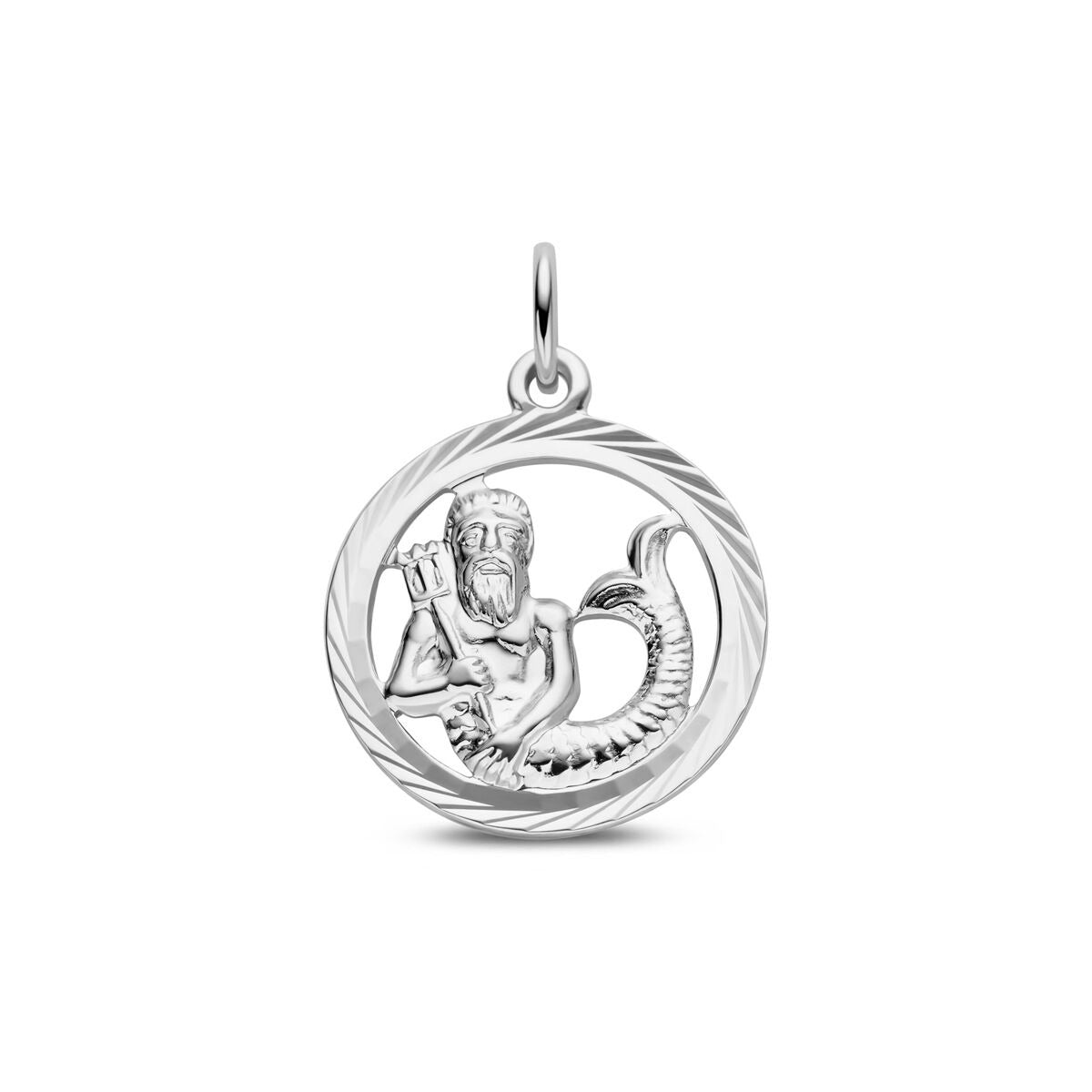Ciondolo in argento 925 rodiato con simbolo zodiacale, forma rotonda e dettagli incisi.