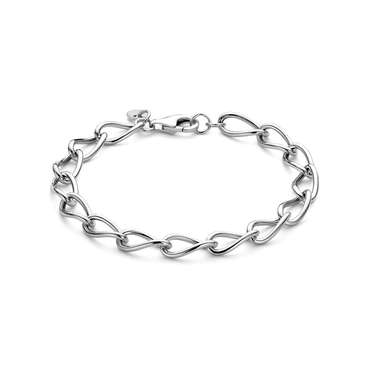Gerhodineerde 925 zilveren ankerarmband met een schakelpatroon van golvende, open schakelvormen.