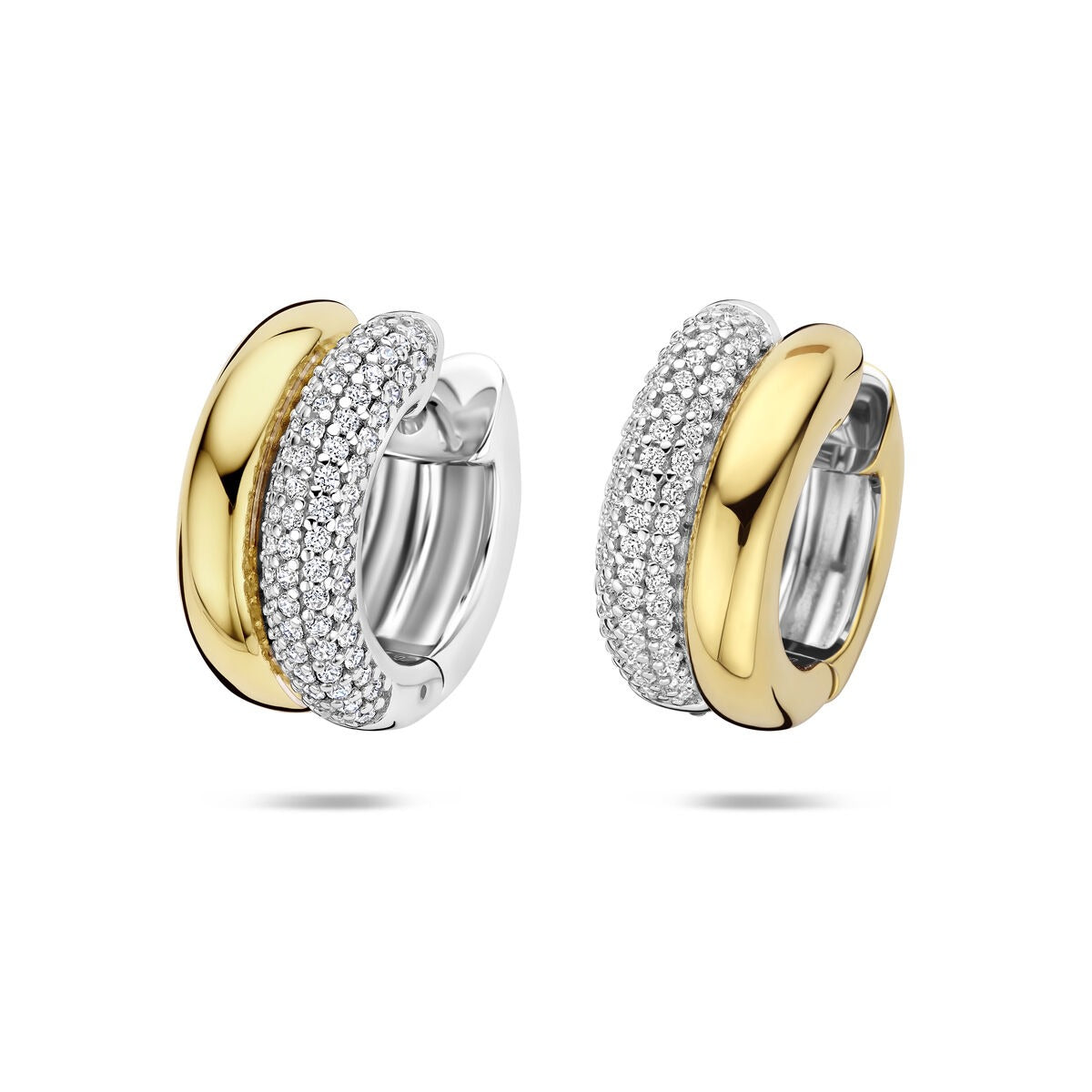 Orecchini alla creola bicolore in argento dorato con zirconi, diametro 17,5 mm.