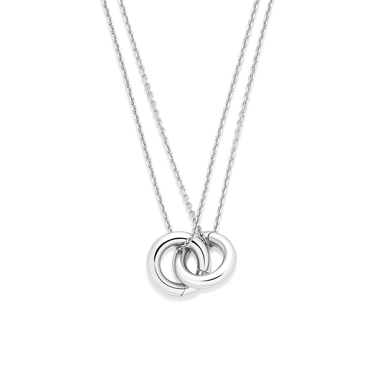 Gerhodineerd 925 zilveren collier met twee verbonden ringen, op een fijne ketting.