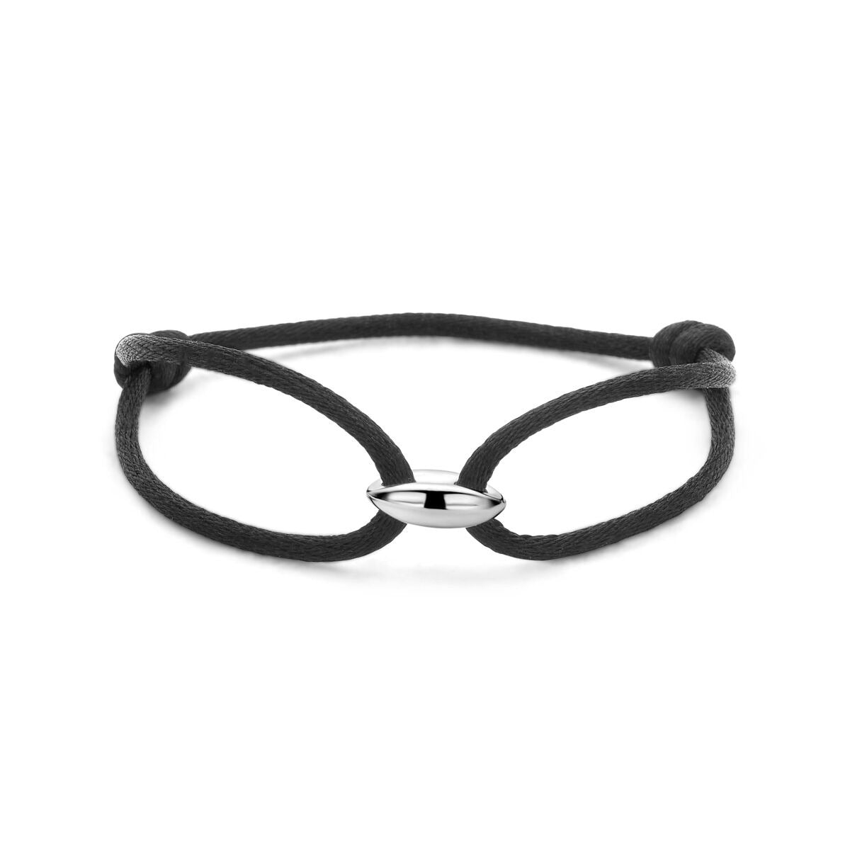 Zwarte satijnen armband met een zilveren koffieboon als opvallend detail.