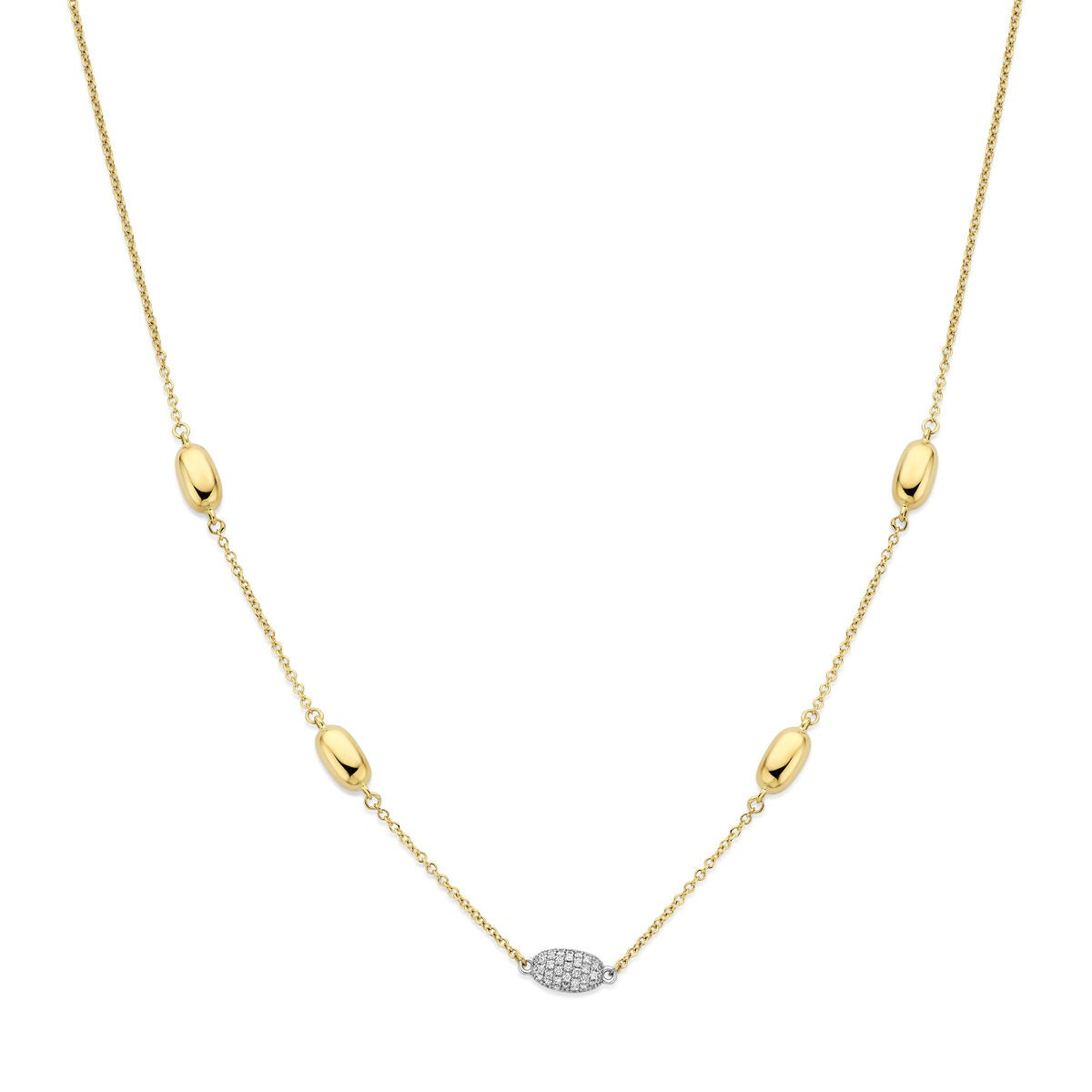 Collana bicolore in oro 14k con diamante da 0,80 ct, con elementi ovali dorati.