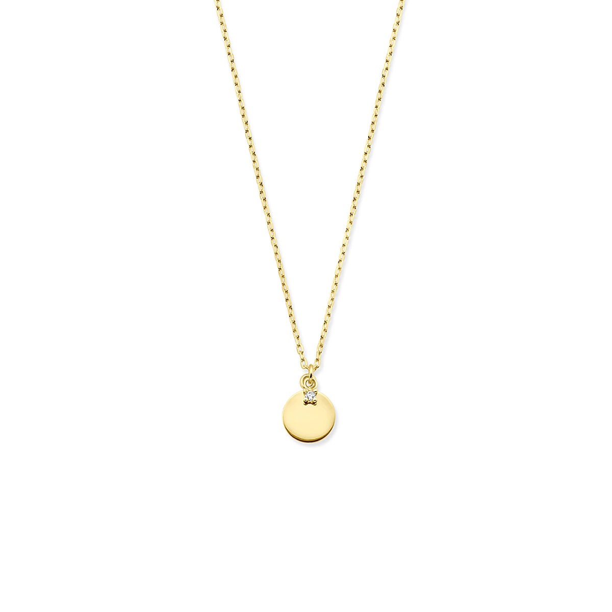Geelgouden collier met een rondje en een zirkonia, verstelbare lengte van 40-44 cm.