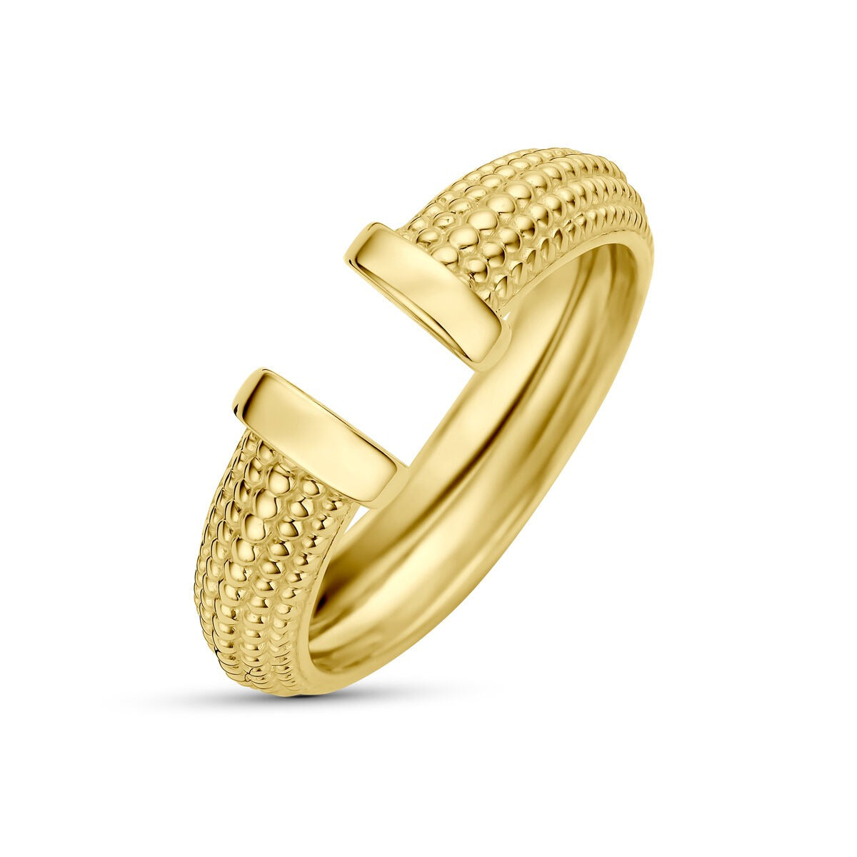 Anello da donna in oro giallo 14k con finitura a trama e dettagli a forma di U.