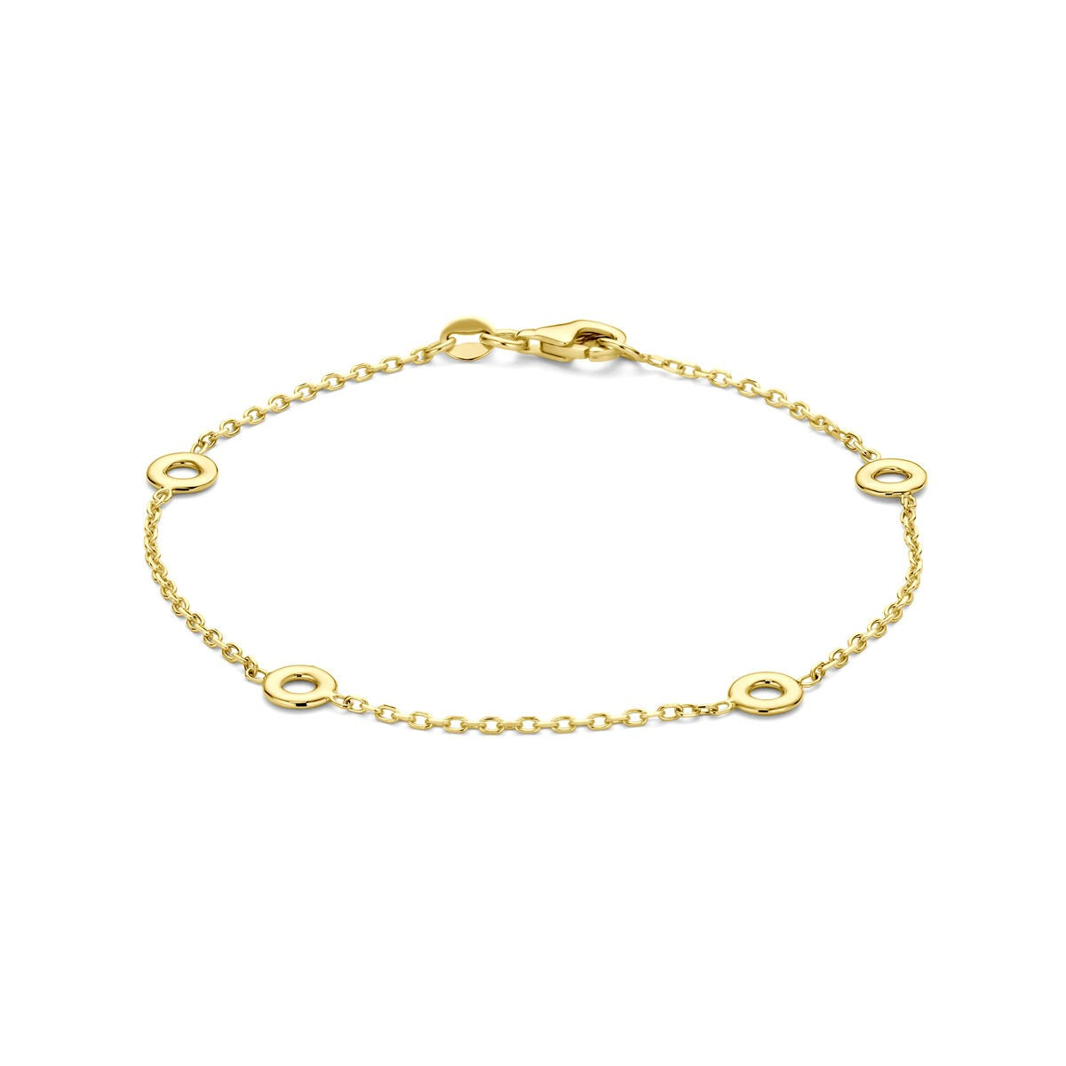 Bracciale da donna in oro giallo 14k con delicate maglie e dettagli circolari.