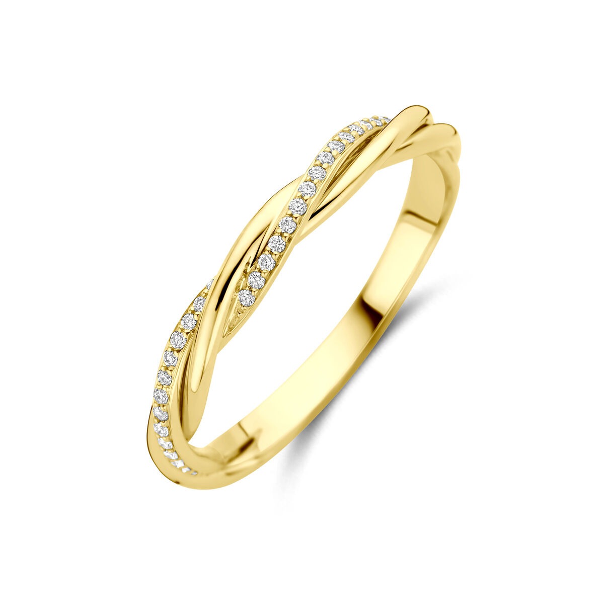 Anello in oro giallo 14k con diamanti in pavé, design intrecciato.