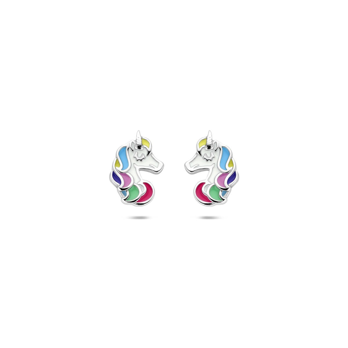 Orecchini a forma di unicorno in argento rodiato con smalto colorato.