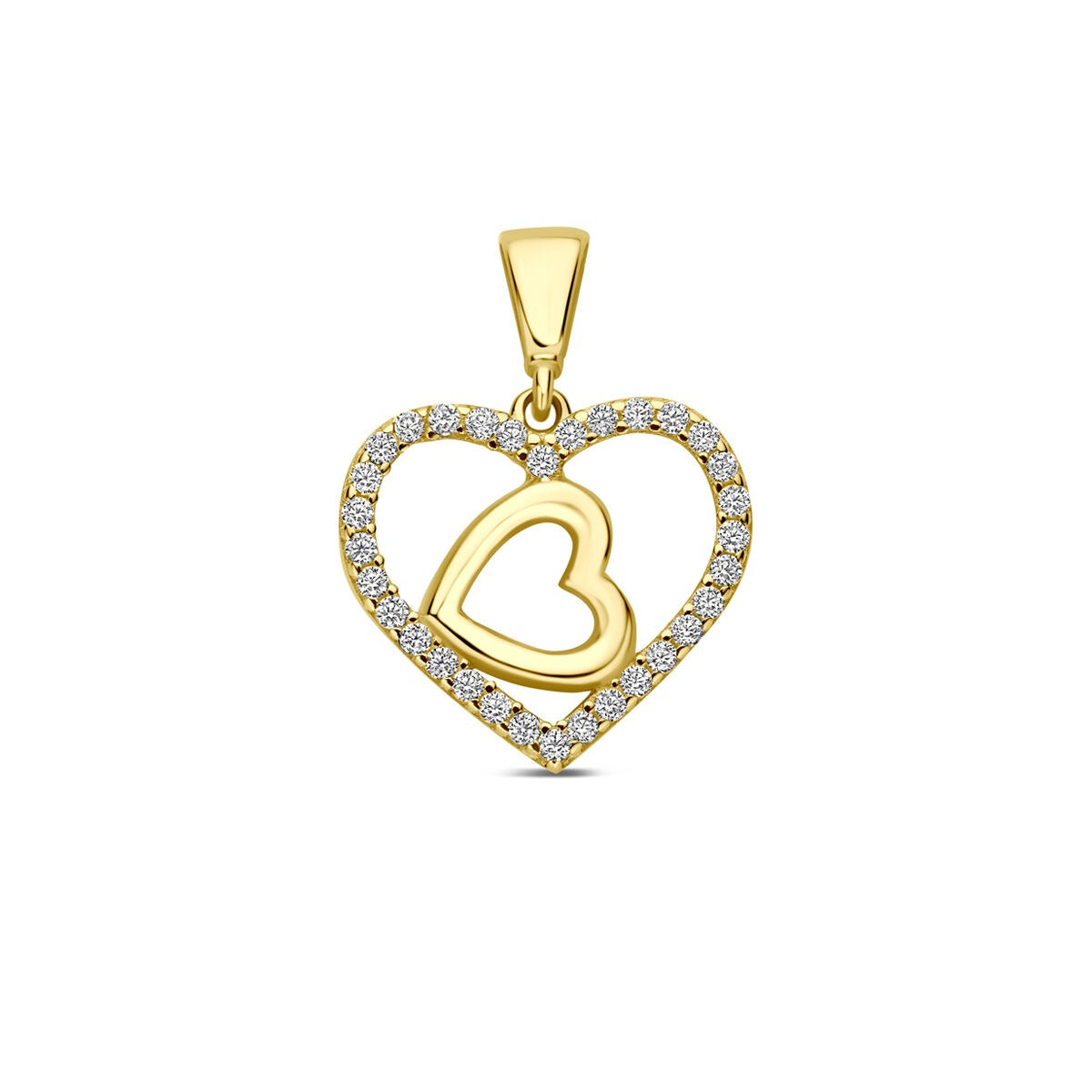 Ciondolo in oro giallo 9k a forma di cuore doppio con zirconi.