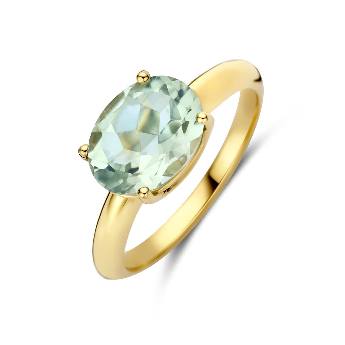 Anello in oro giallo 14k con ametista verde ovale.