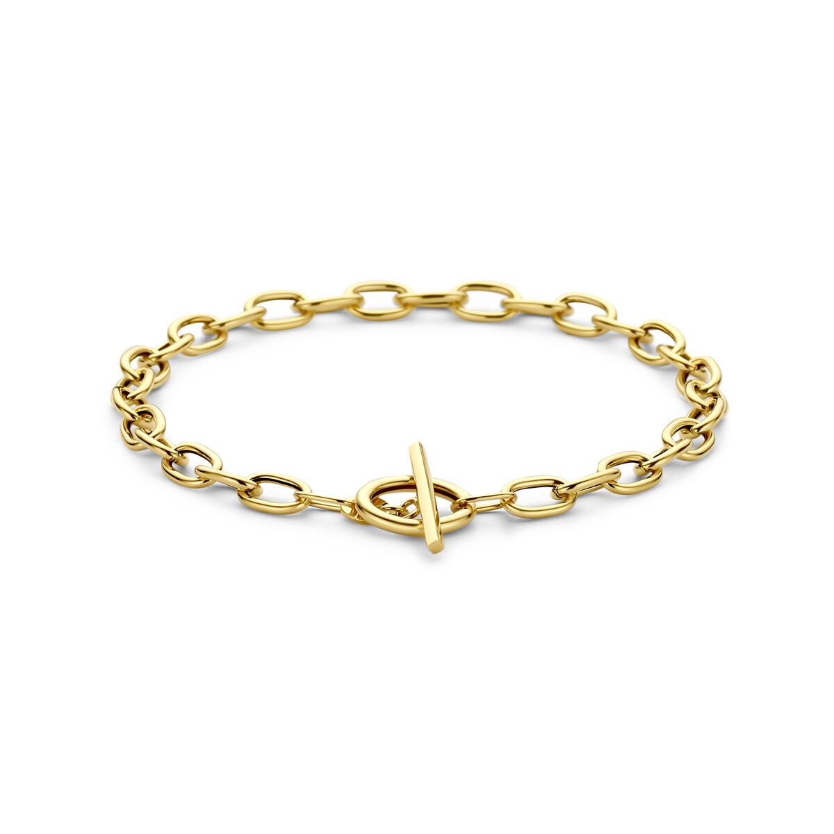 Bracciale in oro giallo 14k con chiusura a T e maglie ad anello.