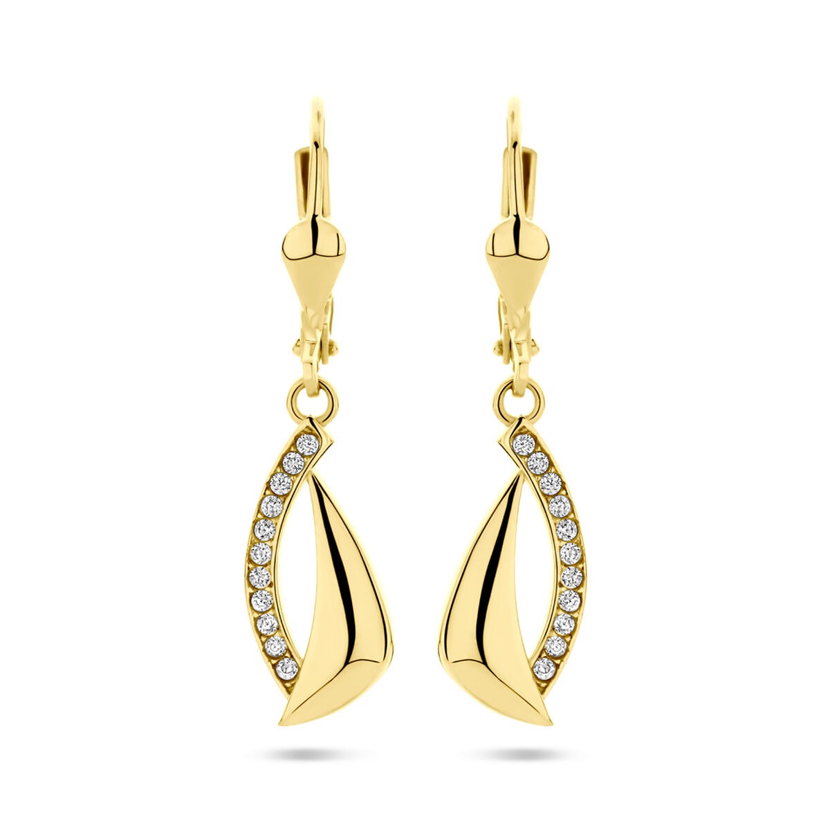 Orecchini in oro giallo 14k con zircone, a forma di vela, con dettagli scintillanti.