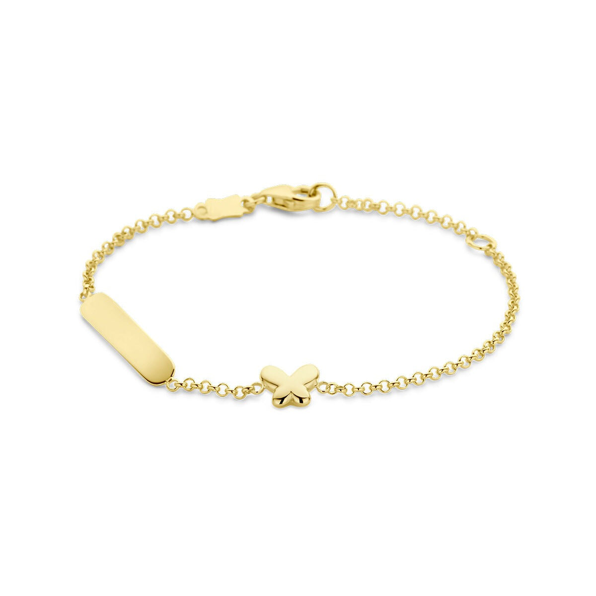Bracciale in oro giallo 9k con placca per incisione e farfalla decorativa.