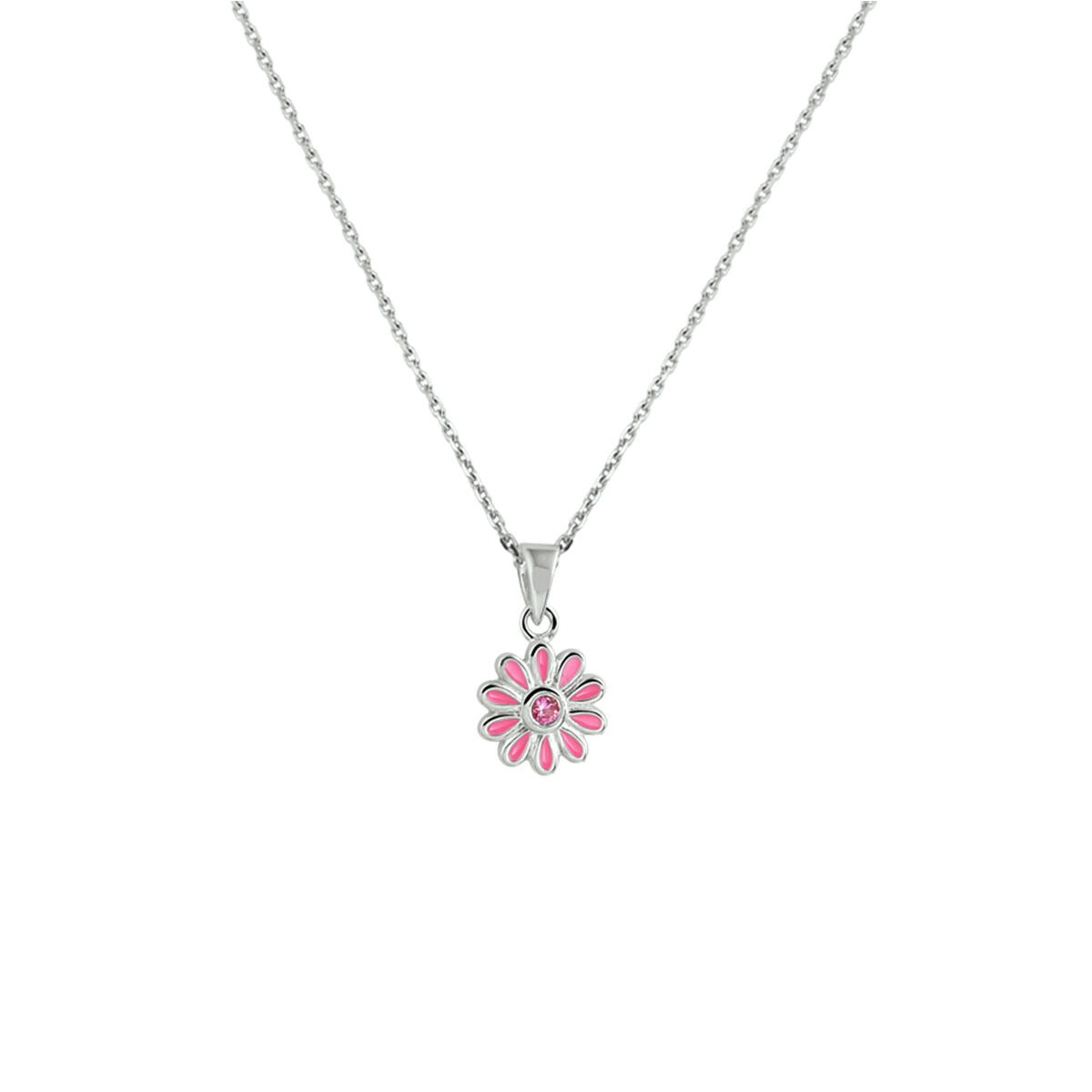 Zilveren kinderketting met gerhodineerde bloemhanger en roze zirkonia in het midden.