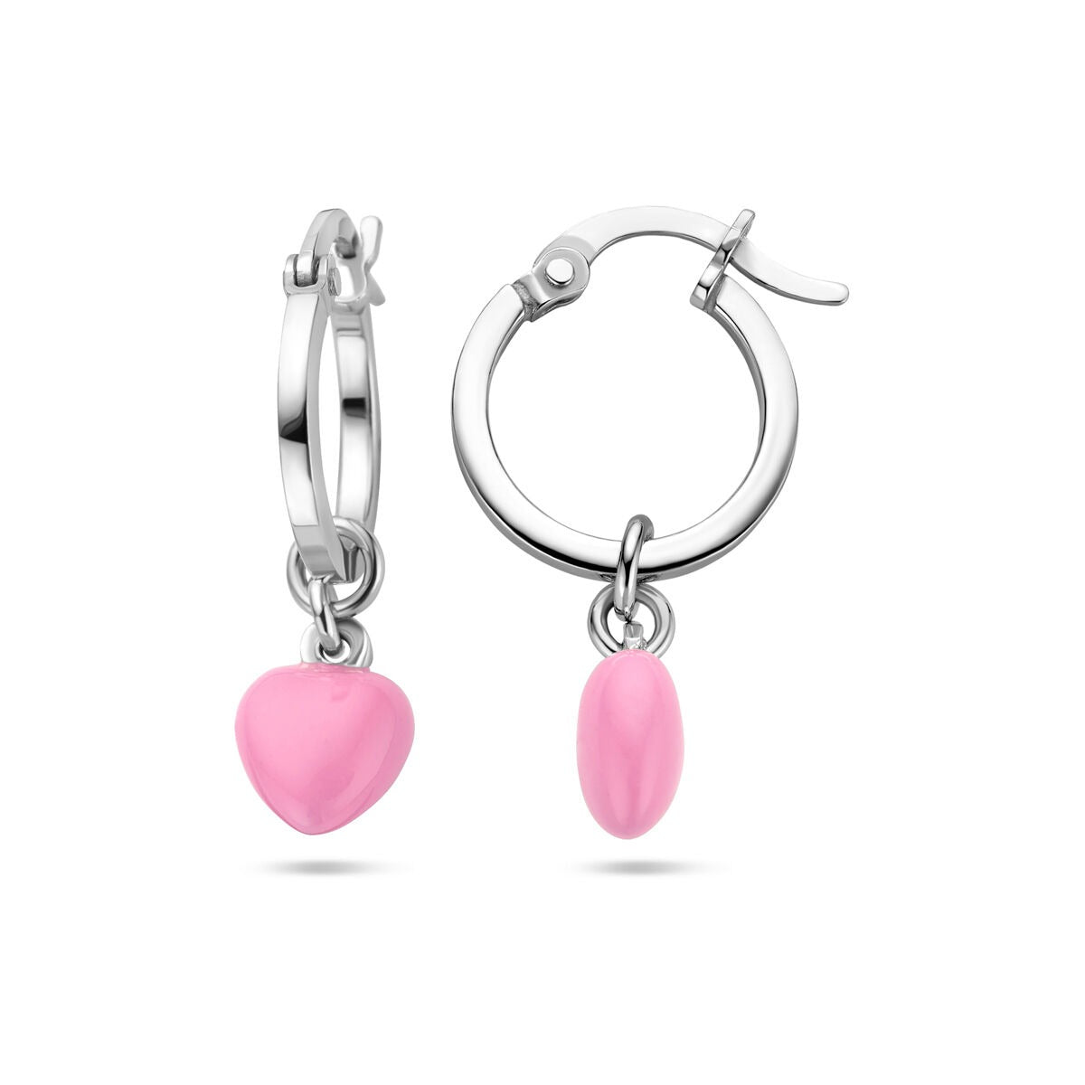 Orecchini alla creola in argento rodiato con cuore in smalto rosa.