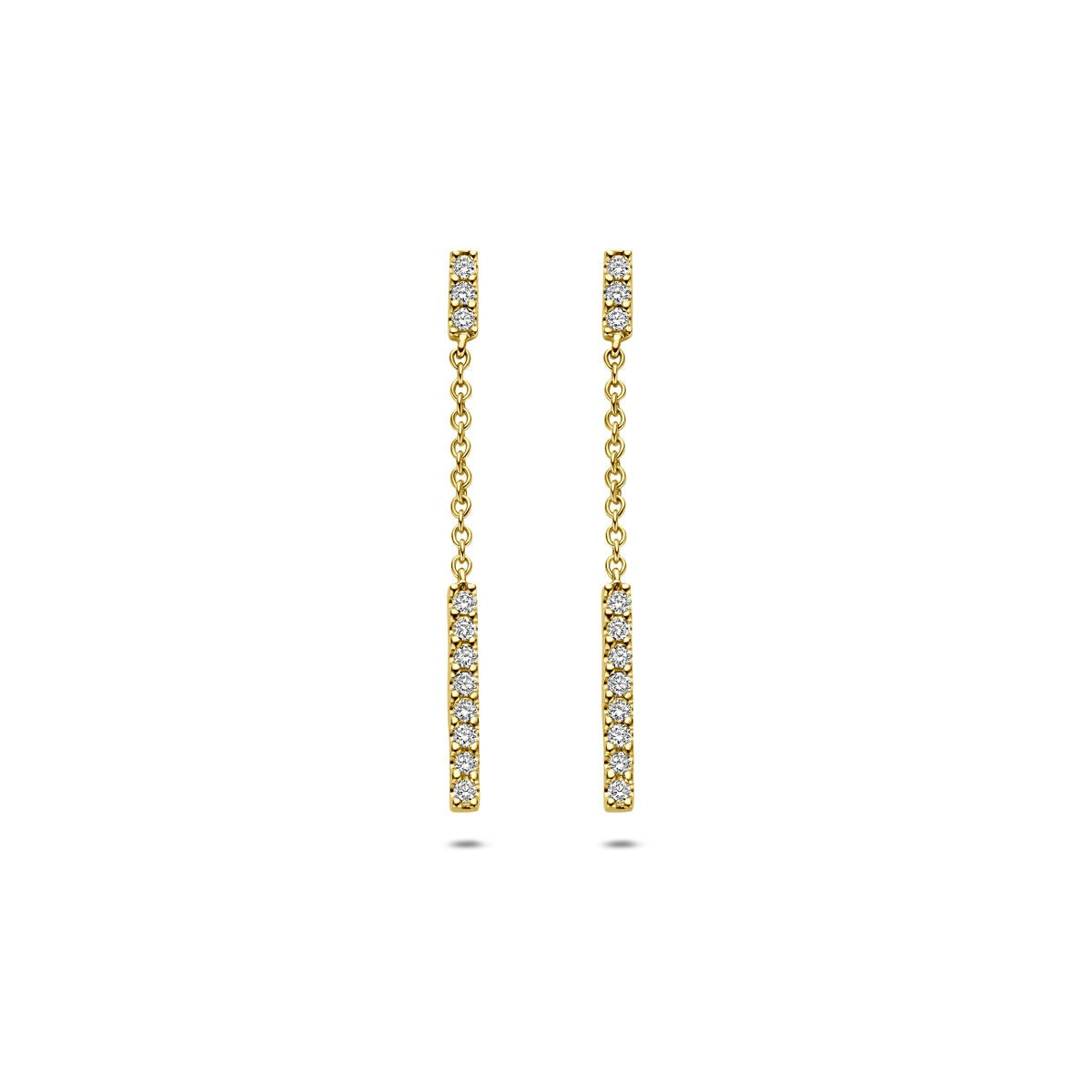 Orecchini in oro giallo 14k con diamanti, a forma di barretta pendente.