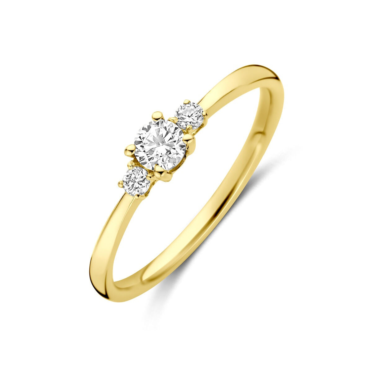 Anello in oro giallo 14k con diamante lab-grown da 0,25 ct e due diamanti laterali.