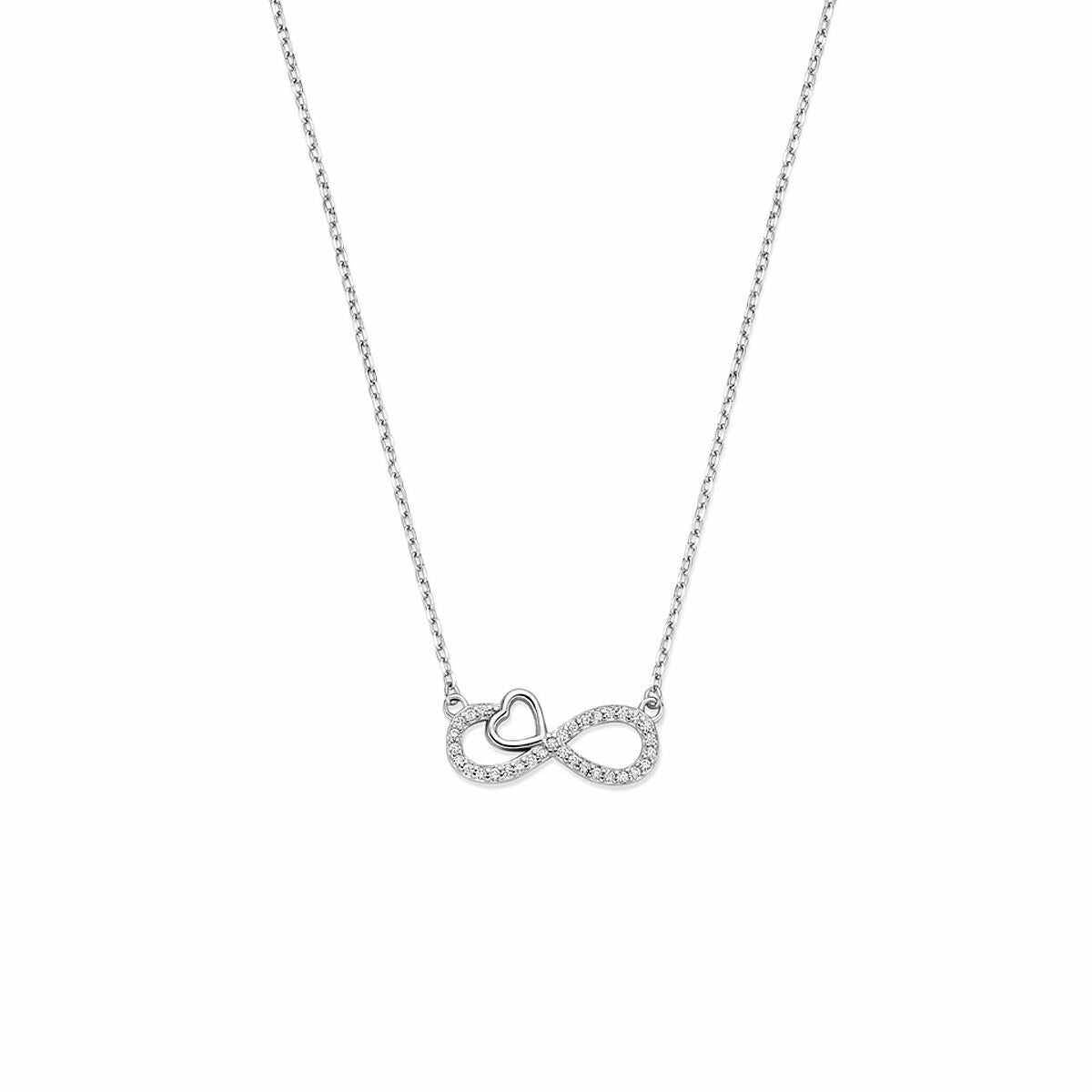 Collana in argento rodiato 925 con simbolo dell'infinito e cuore, decorata con zirconi.