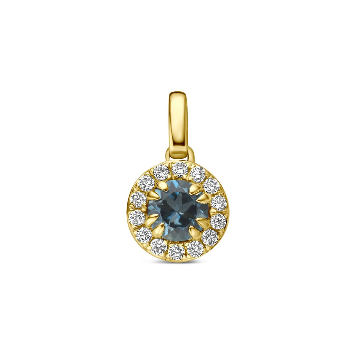 Pendente in oro giallo 14k con topazio blu di Londra e diamanti sintetici.