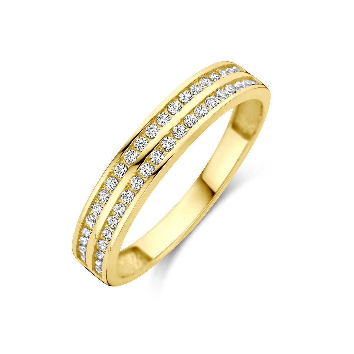 Anello in oro giallo 14k con zircone, design a due file, larghezza 3,5 mm.