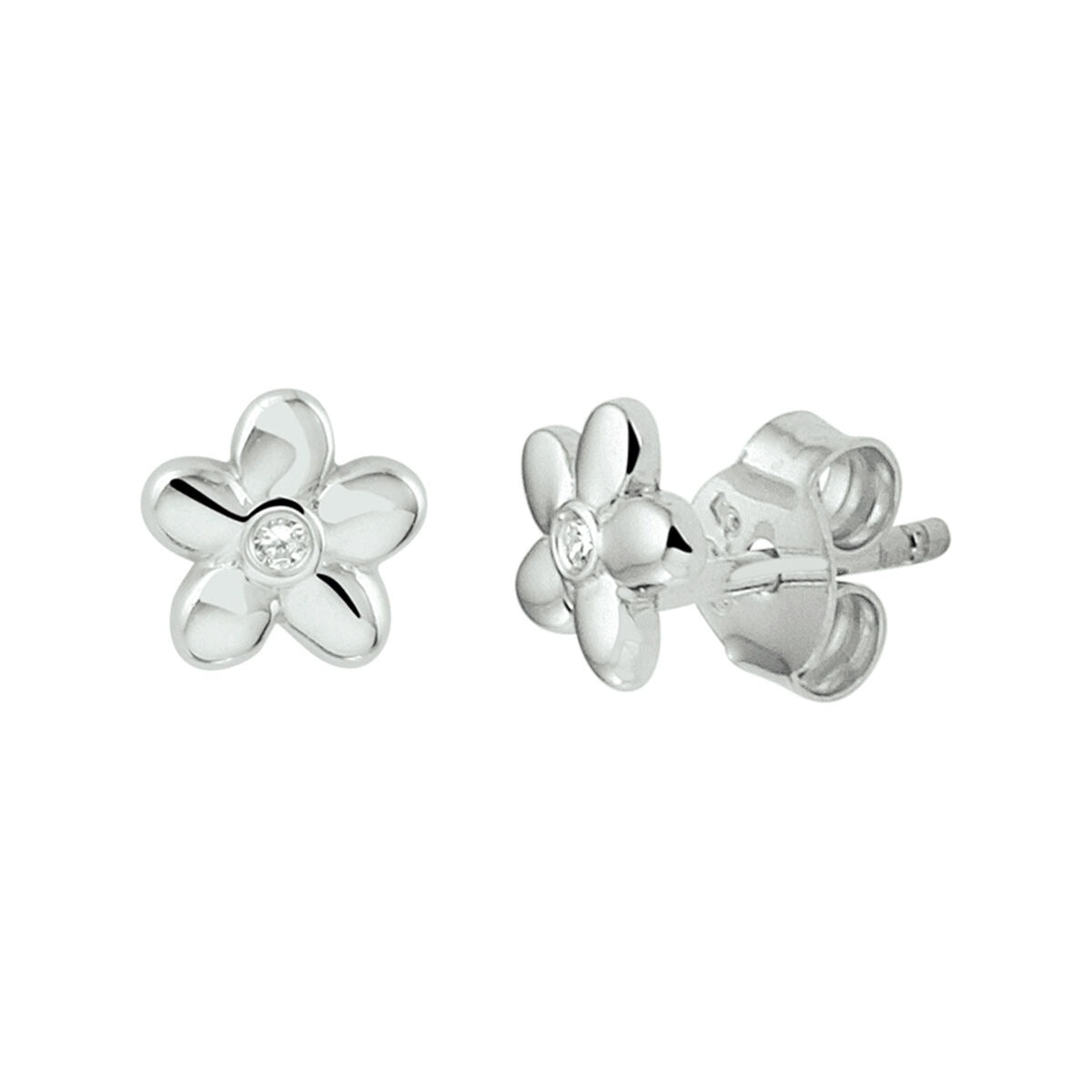 Orecchini a bottone a forma di fiore in argento con zircone trasparente, finitura rodiata.