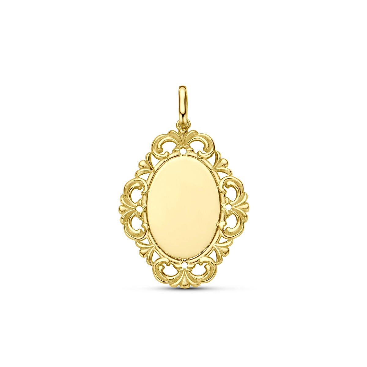 Ciondolo in oro giallo 9k con design elaborato e superficie liscia per incisione.