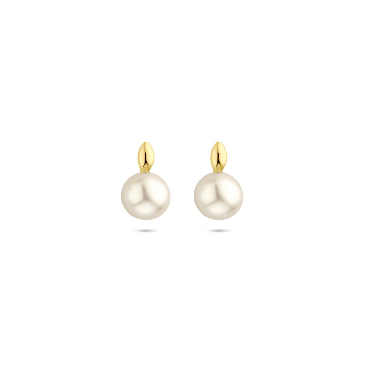 Orecchini in oro giallo 14k con perla bianca rotonda.