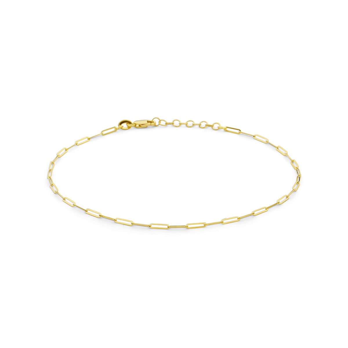 Bracciale in oro giallo 14k con maglie allungate, finitura lucida e chiusura a moschettone.
